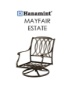 Hanamint Estate Style Club Chair Replacement Cushions, custom-made to fit Bordeaux, Hyde Park, Lancaster, Mayfair, Newport, Sherwood, South Hampton, St. Augustine, St. Moritz, Stratford, and Wilmington collections. Seat cushion measures 24" x 27" x 7", and back cushion measures 25" x 26" x 6", available in over 400 Sunbrella outdoor fabrics.
